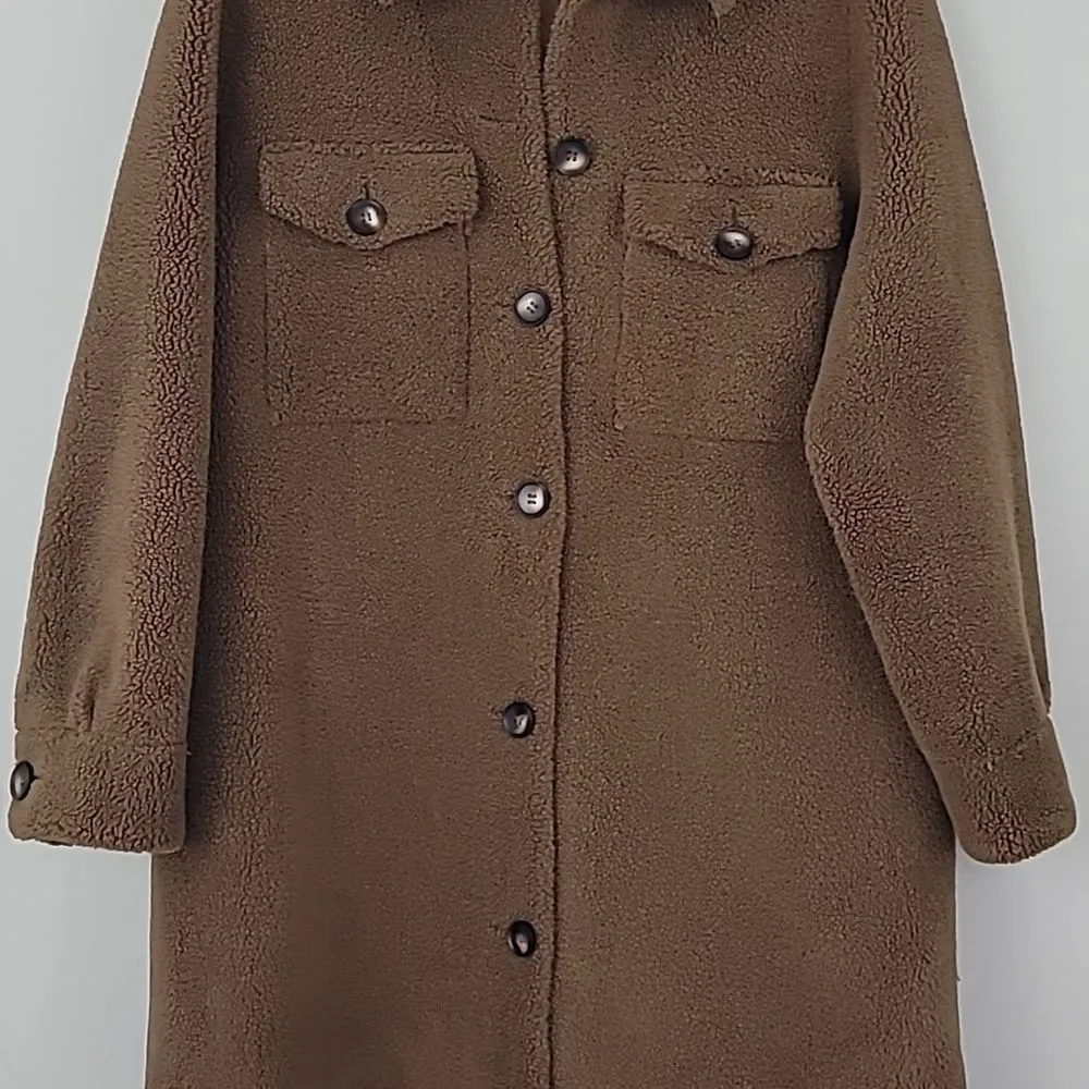 Rebecca Minkoff Brown Faux Shearling Button Down Long Overcoat w/Pockets Size XL - Picture 5 of 15